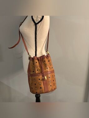 MCM 80s Original Vintage Cognac Munchen Germany Drawstring Bucket Bag
